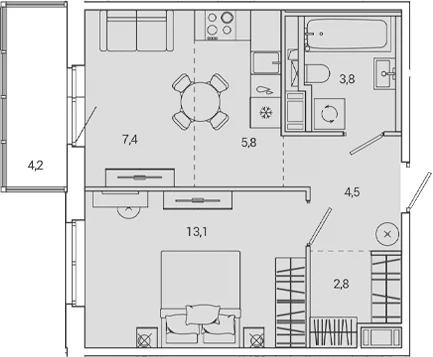 Планировка: 1-комнатная квартира 37,4 м² в ЖК «ОКЛА»