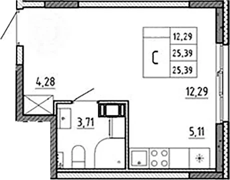 Планировка: Студия 25,4 м² в ЖК «Аннино Сити»