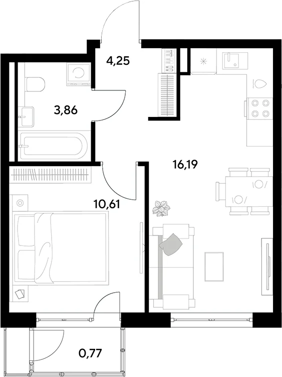 Планировка: Евродвушка 34,9 м² в ЖК «Космопарк»