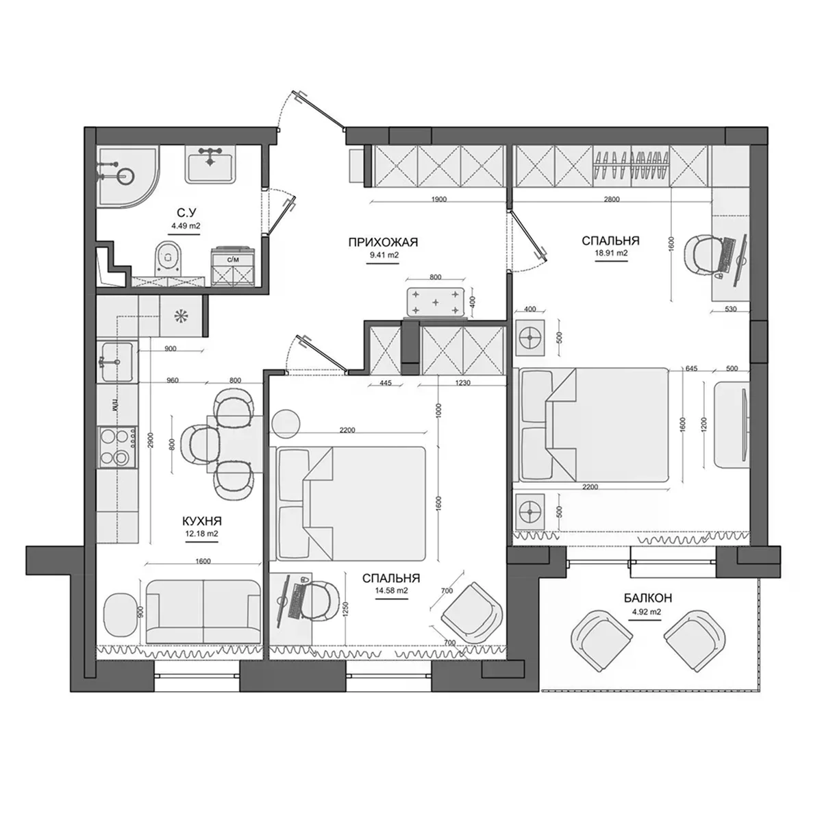 Планировка: 2-комнатная квартира 59,4 м² в ЖК «Лесной»