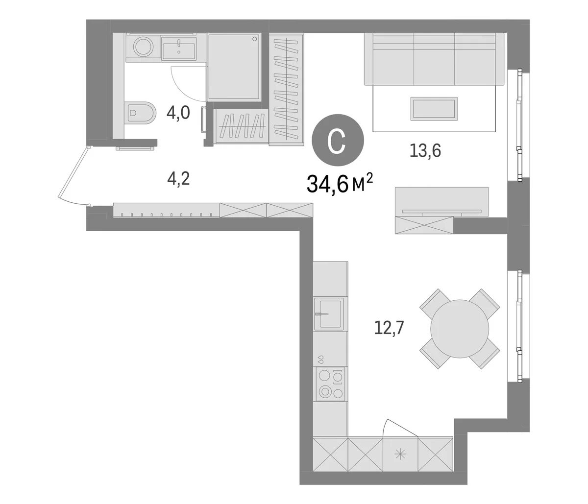 Планировка: Студия 34,6 м² в ЖК «Брусника в Новоселье»