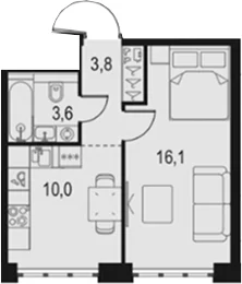 Планировка: 1-комнатная квартира 33,5 м² в ЖК «Левел Южнопортовая»