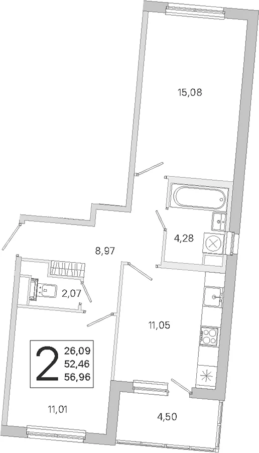Планировка: 2-комнатная квартира 52,5 м² в ЖК «ЮгТаун. Олимпийские кварталы»