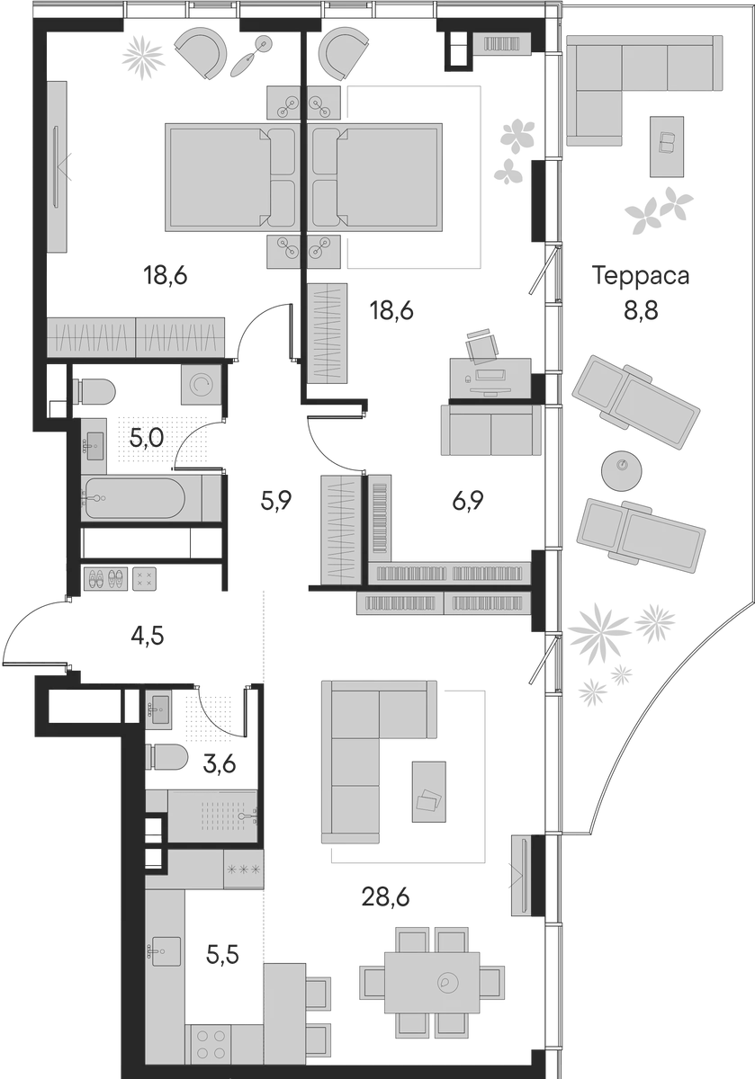 Планировка: Евротрёшка 97,2 м² в ЖК «Клубный город на реке Примавера»