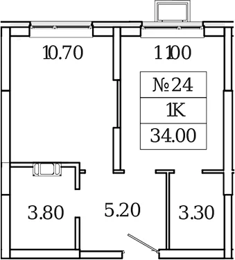 Планировка: 1-комнатная квартира 34 м² в ЖК «Видный Берег 2.0»