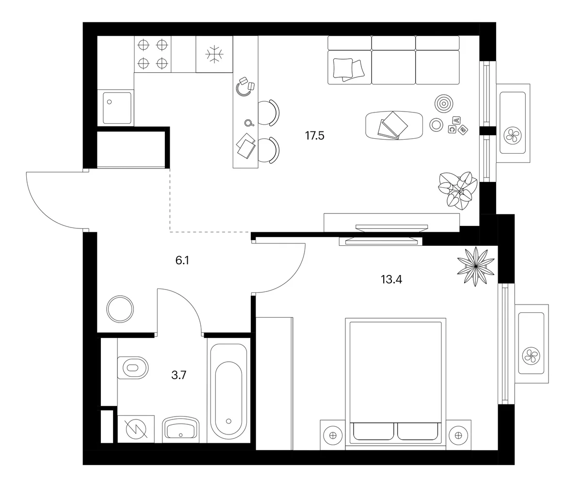 Планировка: 1-комнатная квартира 40,7 м² в ЖК «Белая Дача парк»