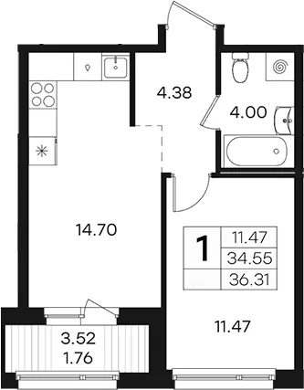 Планировка: 1-комнатная квартира 34,6 м² в ЖК «Парголово»
