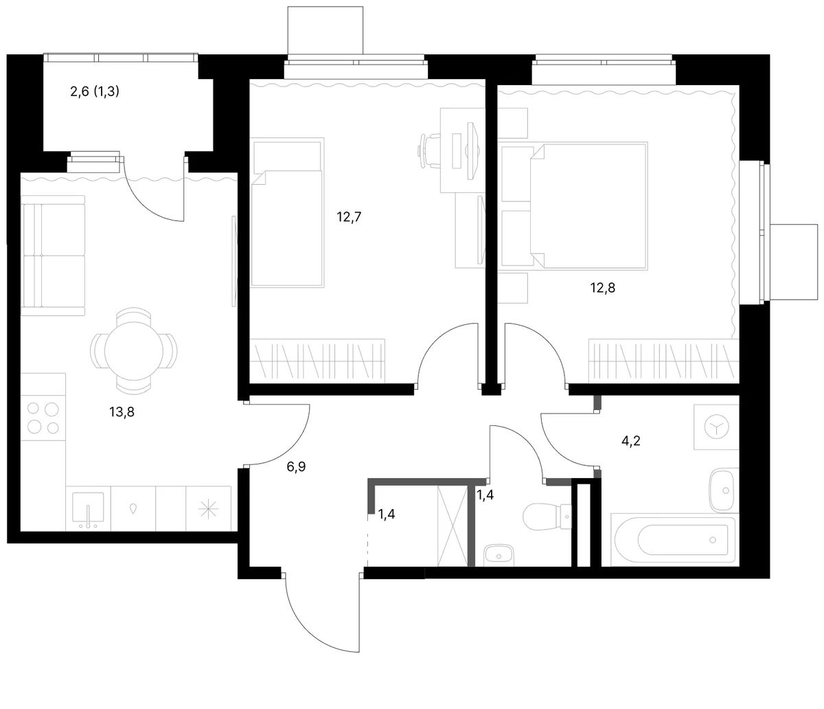 Планировка: 2-комнатная квартира 53,2 м² в ЖК «1-й Ясеневский»