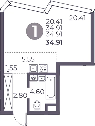 Планировка: Студия 34,9 м² в ЖК «Мневники от Гранель»