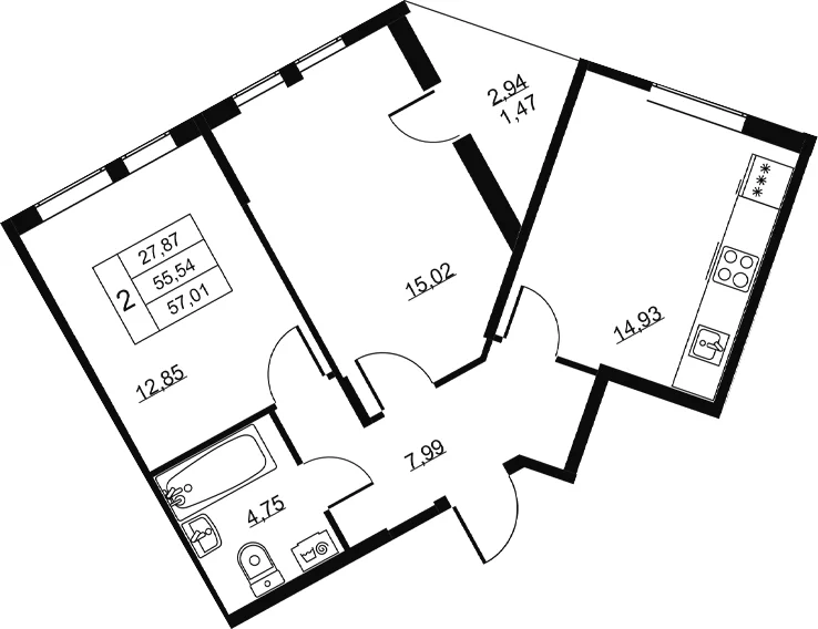 Планировка: 2-комнатная квартира 55,5 м² в ЖК «Высота. Всеволожск»