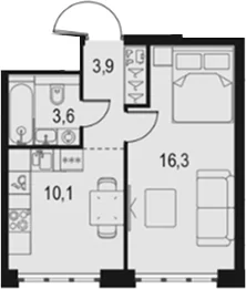 Планировка: 1-комнатная квартира 33,9 м² в ЖК «Левел Южнопортовая»
