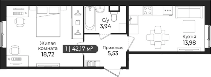 Планировка: 1-комнатная квартира 42,2 м² в ЖК «Сертолово Парк»
