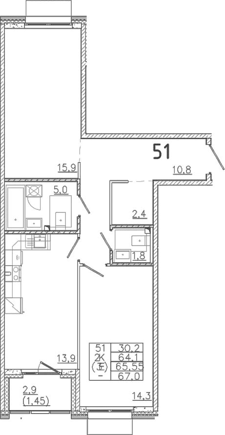 Планировка: Евротрёшка 64,1 м² в ЖК «Лисино»