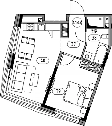 Планировка: Евродвушка 45,5 м² в ЖК «Кинетик. Резиденции на Дмитровском»