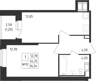 Планировка: 1-комнатная квартира 34,8 м² в ЖК «Живи! В Рыбацком»