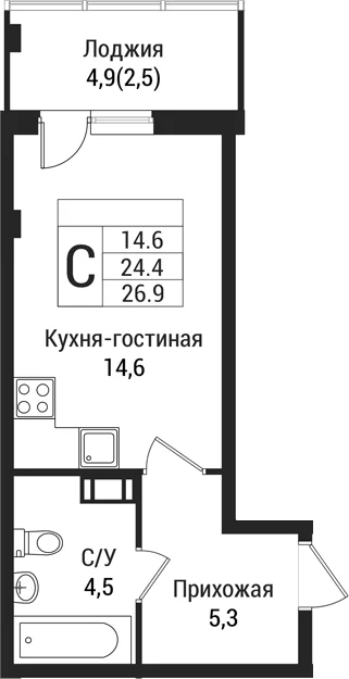 Планировка: Студия 24,4 м² в ЖК «Южная Заря»