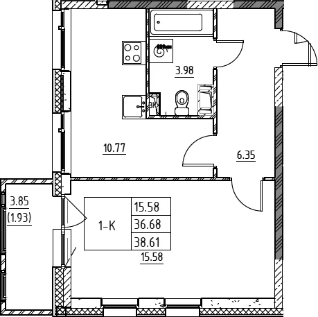 Планировка: 1-комнатная квартира 36,7 м² в ЖК «Город-спутник Южный»