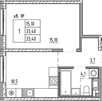 Планировка: 1-комнатная квартира 33,4 м² в ЖК «Плюс Пулковский»