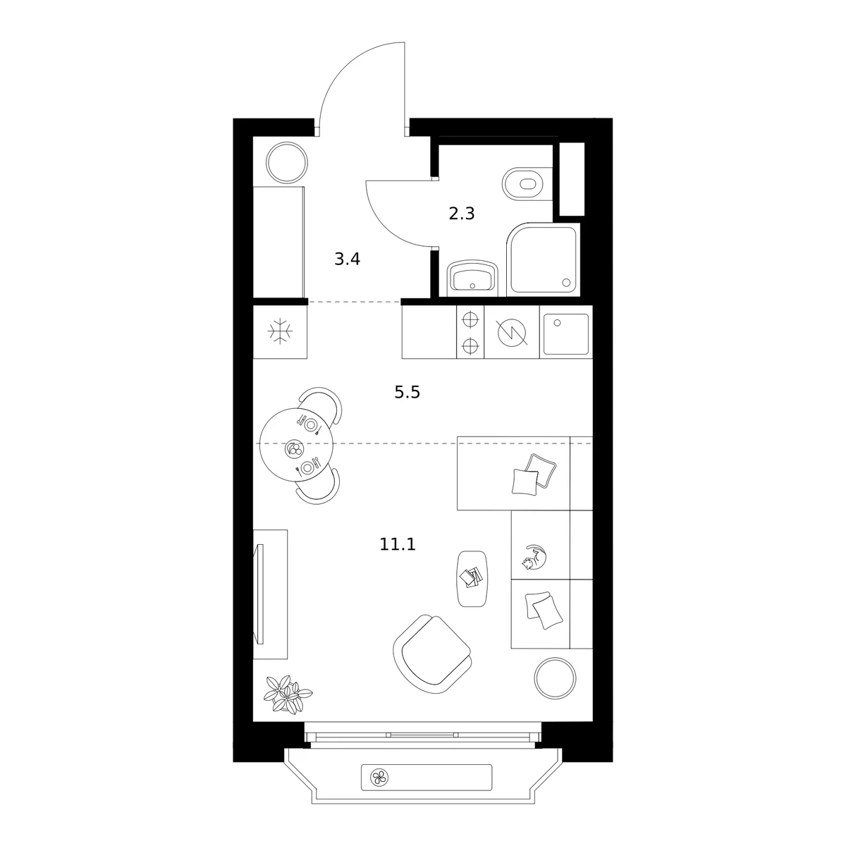 Планировка: Студия 22,3 м² в ЖК «2-й Иртышский»