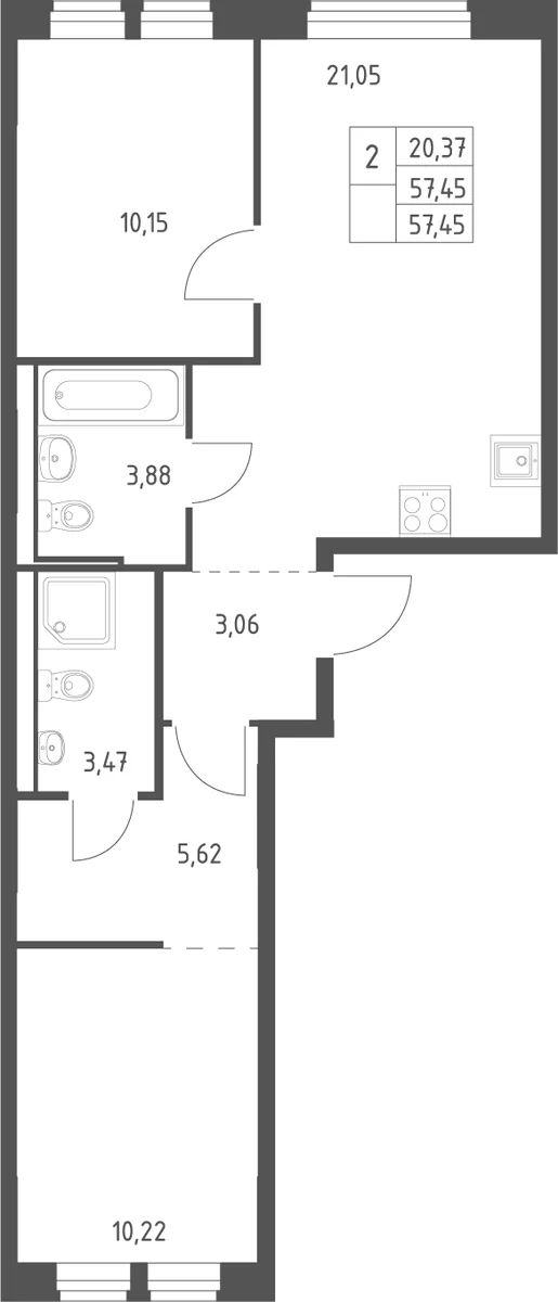 Планировка: Евротрёшка 57,5 м² в ЖК «Квартал Ивакино»