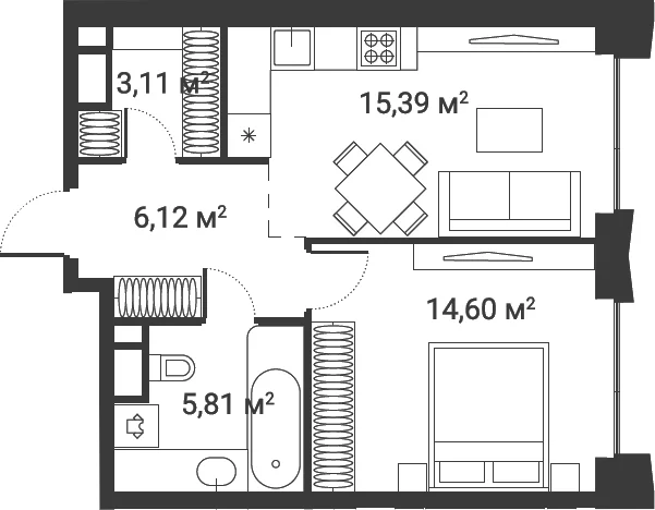 Планировка: 1-комнатная квартира 45 м² в ЖК «Первый Нагатинский»