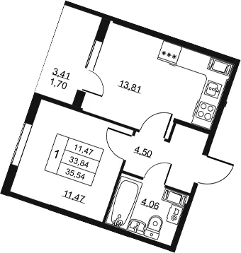 Планировка: 1-комнатная квартира 33,8 м² в ЖК «Высота. Всеволожск»
