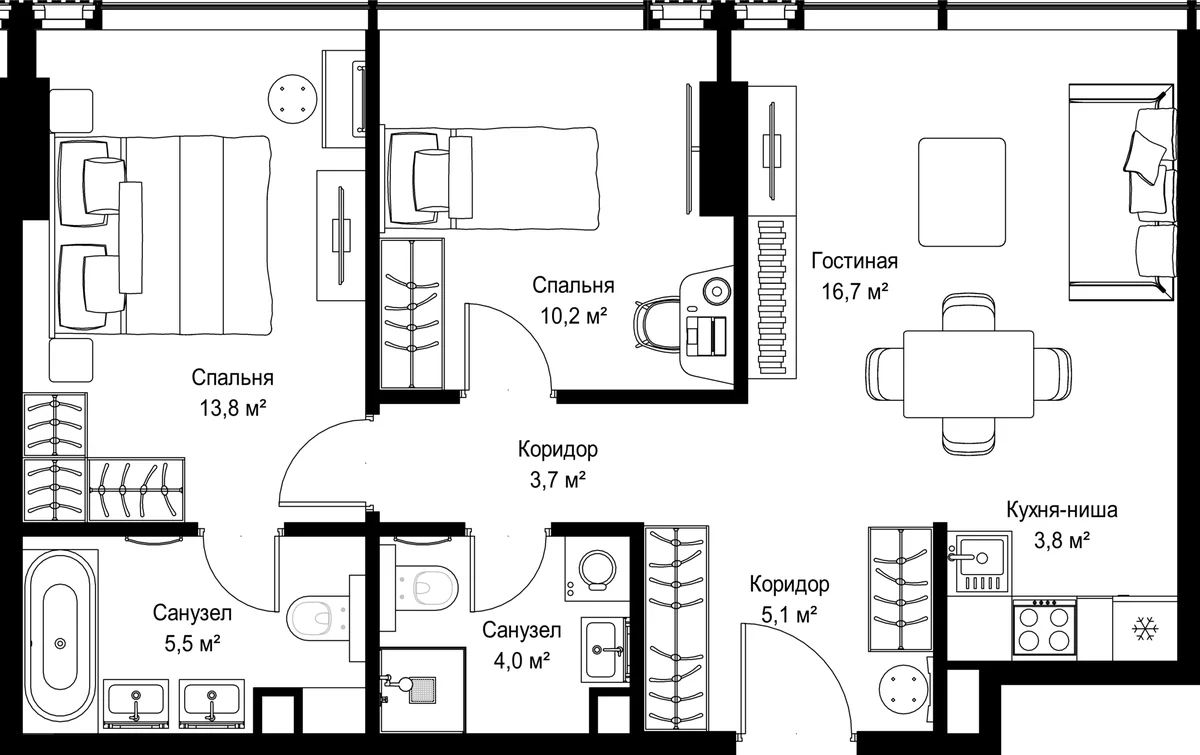 Планировка: Евротрёшка 62,8 м² в ЖК «Слава»