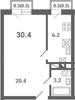 Планировка: 1-комнатная квартира 29,8 м² в ЖК «Южная Долина»