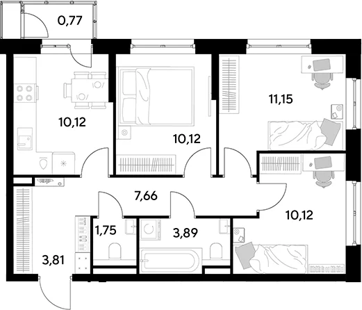 Планировка: 3-комнатная квартира 58,6 м² в ЖК «Космопарк»