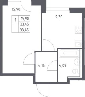 Планировка: 1-комнатная квартира 33,5 м² в ЖК «Прибрежный Парк»