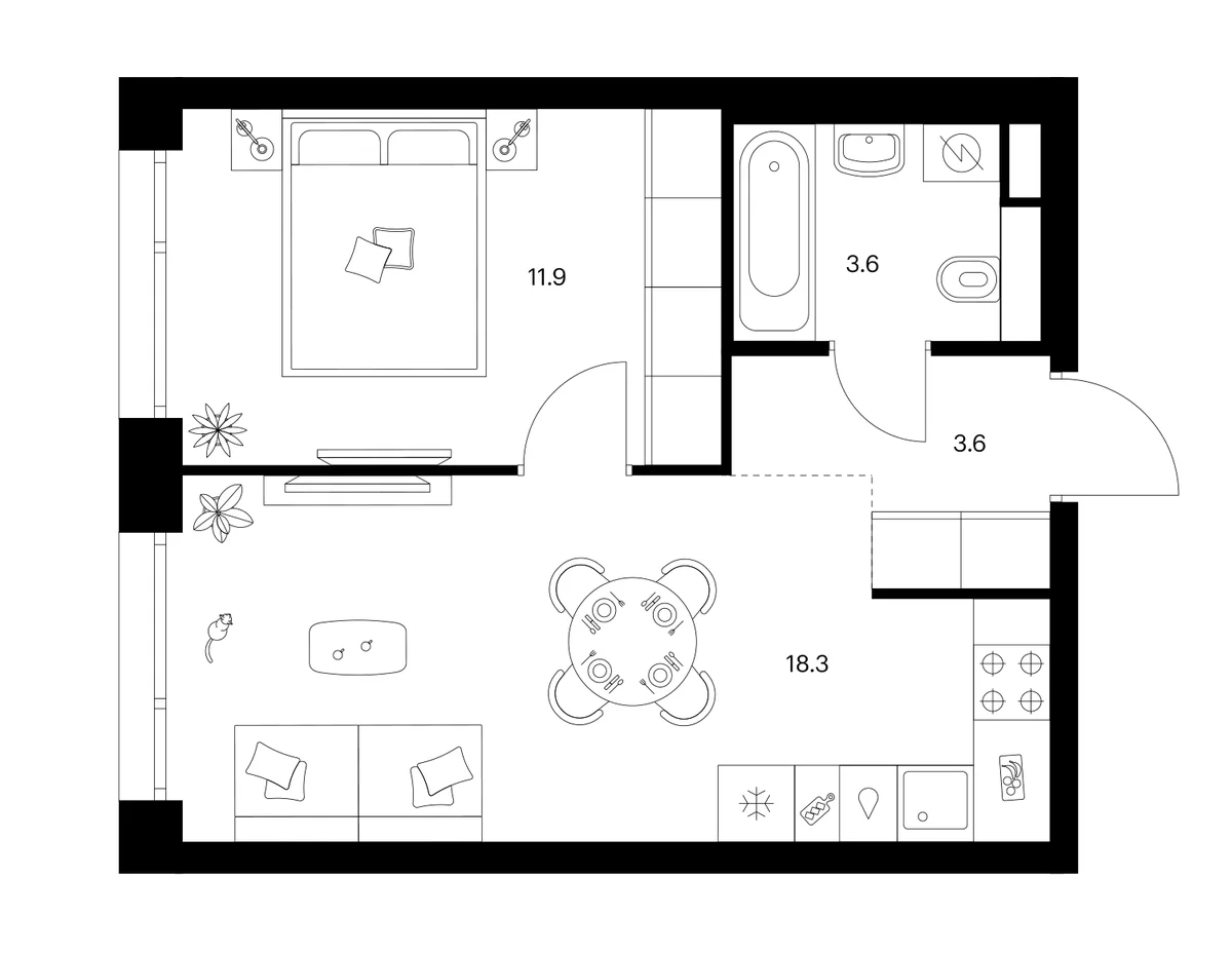 Планировка: 1-комнатная квартира 37,4 м² в ЖК «Строгино 360»