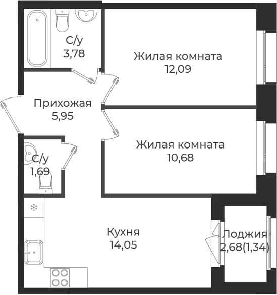 Планировка: 2-комнатная квартира 48,2 м² в ЖК «Новатория»