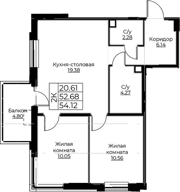 Планировка: Евротрёшка 52,7 м² в ЖК «Тишин»