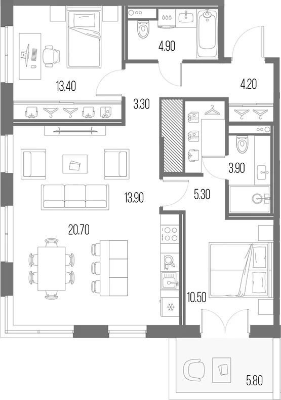 Планировка: Евротрёшка 80,1 м² в ЖК «Легенда на Охте»
