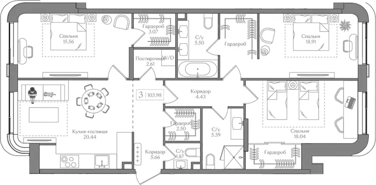 Планировка: Квартира евро-4 104 м² в ЖК «Преображенская площадь»