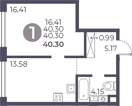 Планировка: 1-комнатная квартира 40,3 м² в ЖК «Мневники от Гранель»