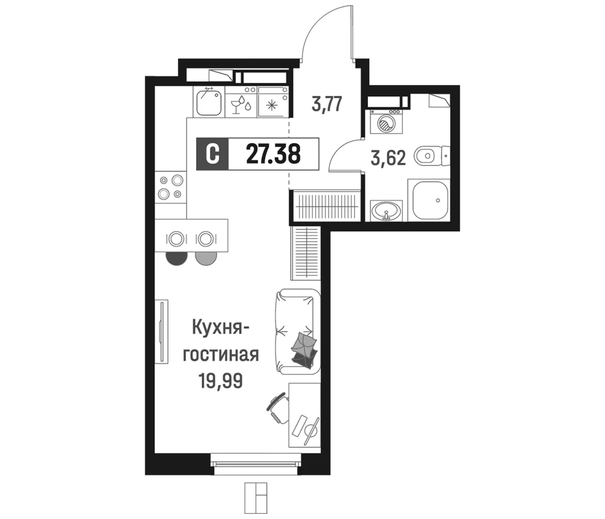 Планировка: Студия 27,4 м² в ЖК «Максималист»