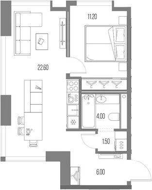 Планировка: 1-комнатная квартира 45,3 м² в ЖК «Северный Порт»