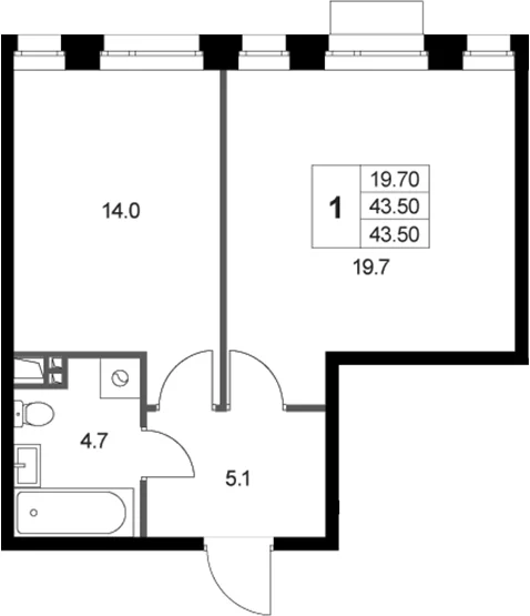 Планировка: 1-комнатная квартира 43,5 м² в ЖК «Кореневский Форт 2.3»