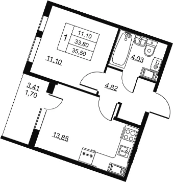 Планировка: 1-комнатная квартира 33,8 м² в ЖК «Высота. Всеволожск»