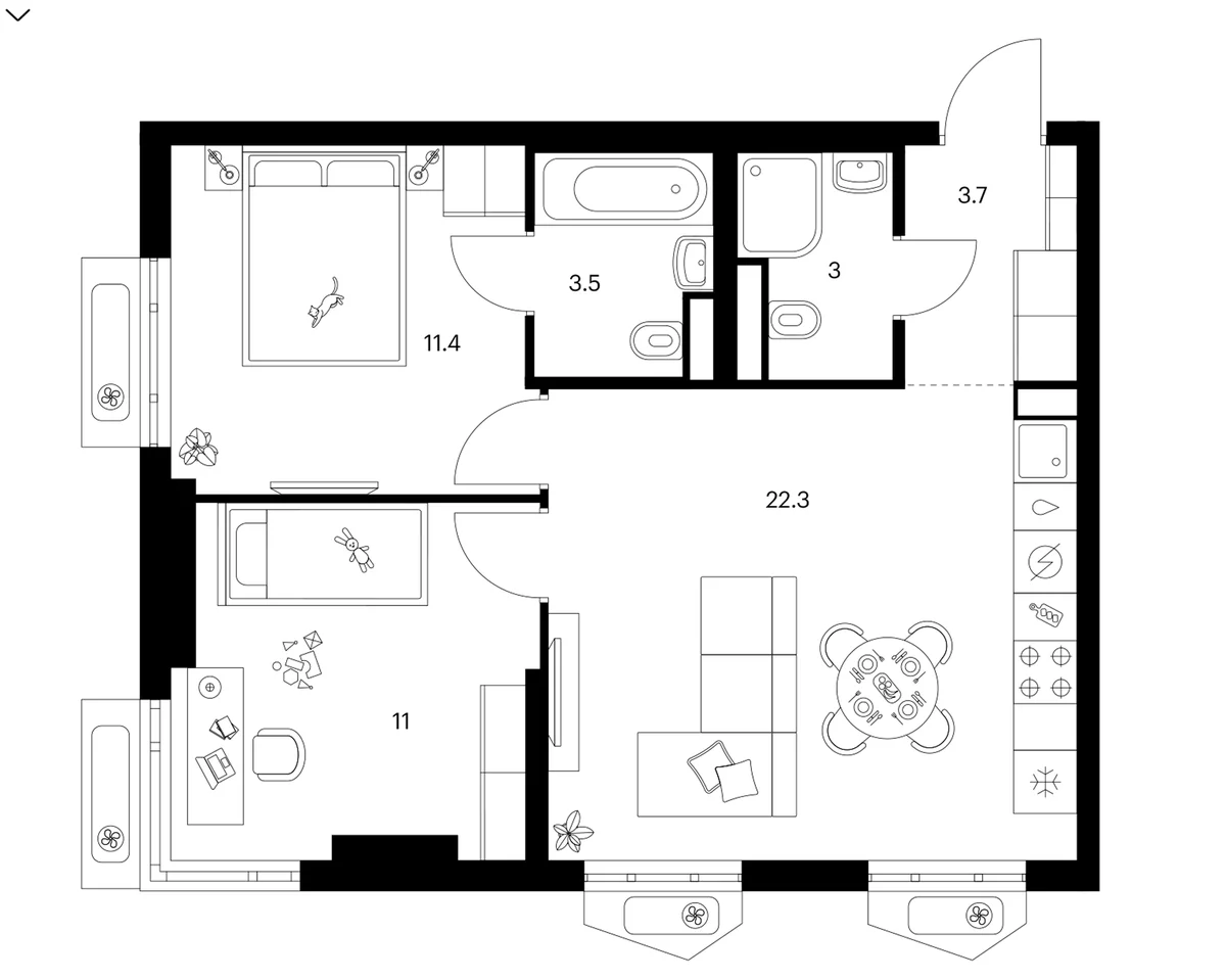 Планировка: 2-комнатная квартира 54,9 м² в ЖК «Мичуринский парк»
