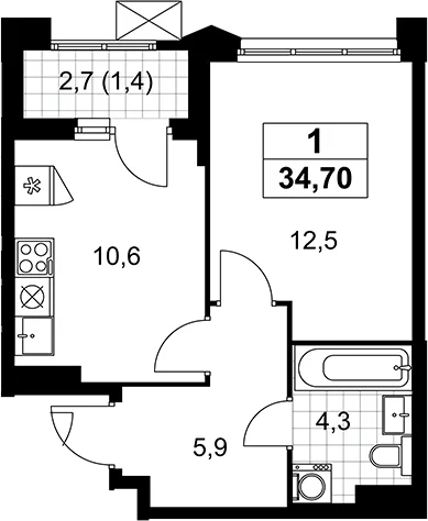Планировка: 1-комнатная квартира 33,3 м² в ЖК «Деснаречье»