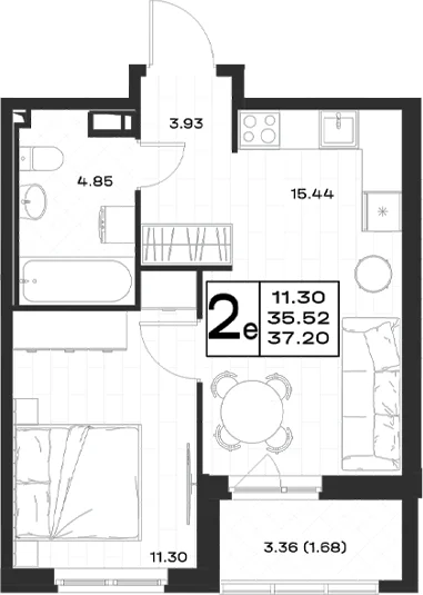 Планировка: Евродвушка 35,5 м² в ЖК «Имена»