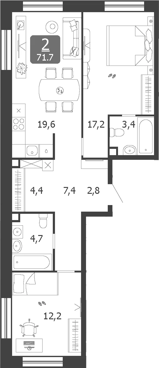 Планировка: Евротрёшка 71,7 м² в ЖК «Шагал»