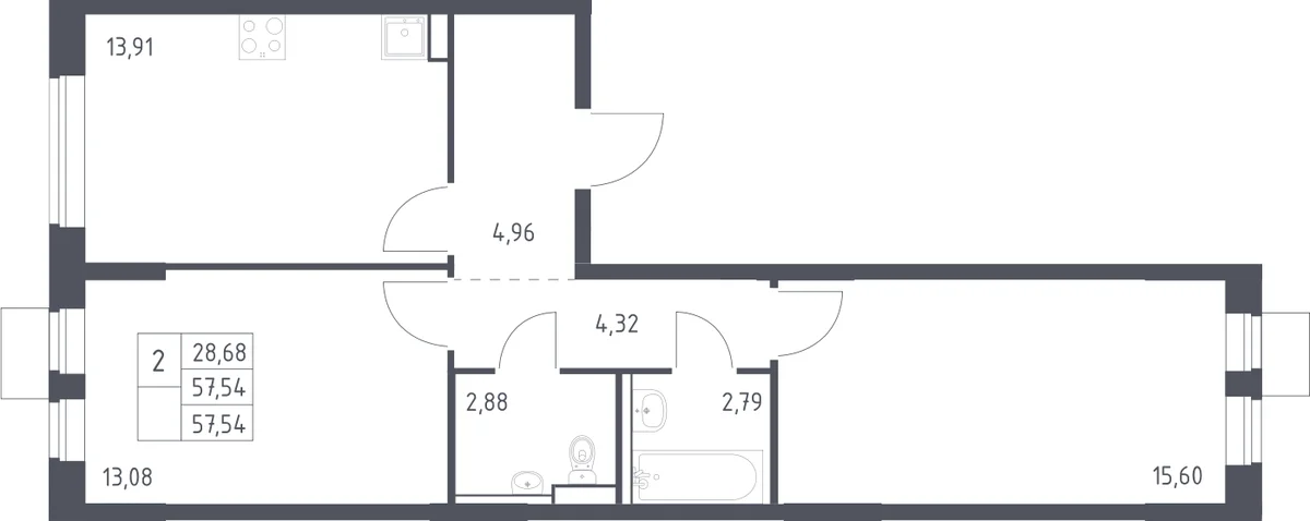 Планировка: 2-комнатная квартира 57,5 м² в ЖК «Молжаниново»