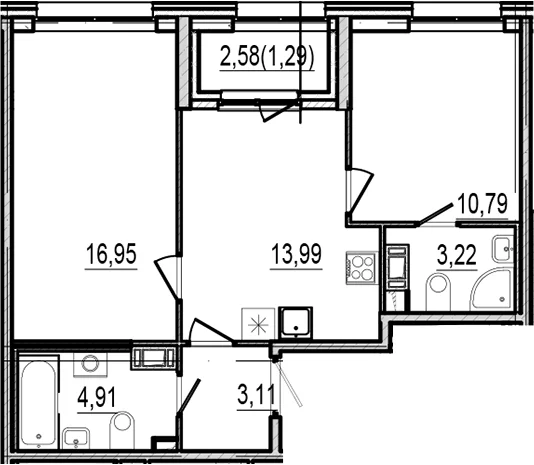 Планировка: 2-комнатная квартира 53 м² в ЖК «Оптимист»