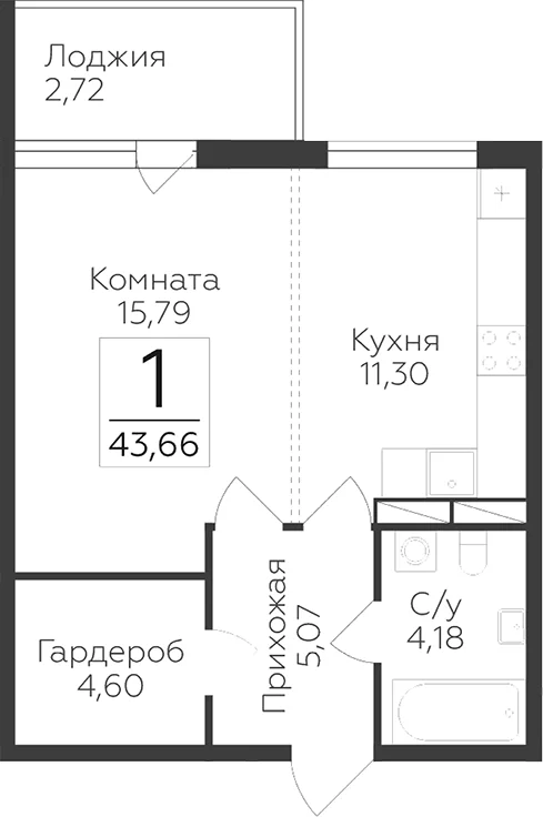Планировка: 1-комнатная квартира 40,9 м² в ЖК «Финский квартал»
