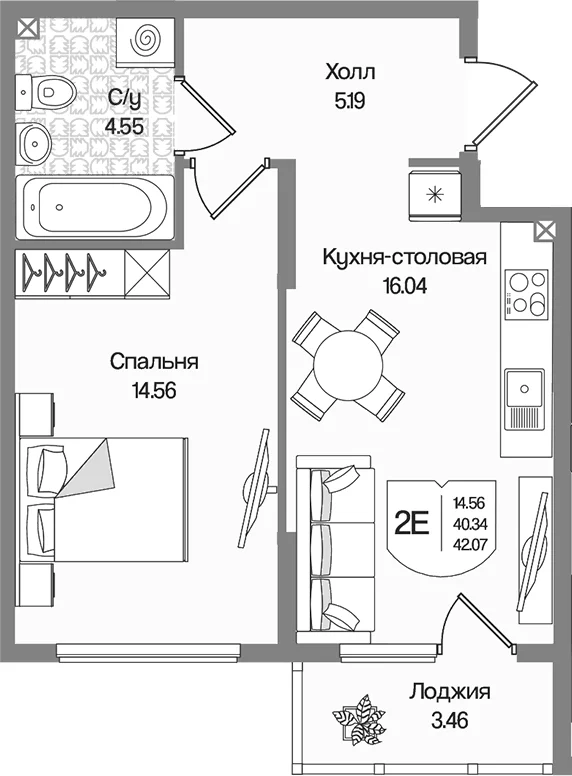 Планировка: Евродвушка 40,3 м² в ЖК «Охтинские высоты»