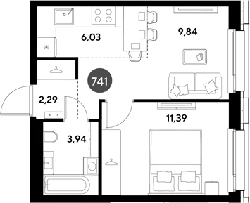 Планировка: Евродвушка 33,5 м² в ЖК «ЭВО»