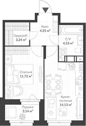 Планировка: Евродвушка 38,2 м² в ЖК «ВЕРЕН НОРТ Cертолово»